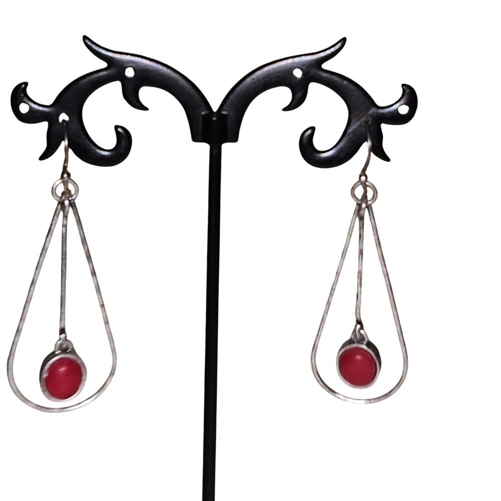 Lucky Brand Silver Tone Red Stone Hammered Teardrop Dangle Earrings Boho New